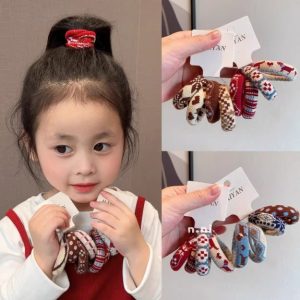 Authentic New Headband Korean Style Kidsren’s Autumn and Winter Retro Fair Isle Style Towel Ring High Elastic Ponytail Rubber